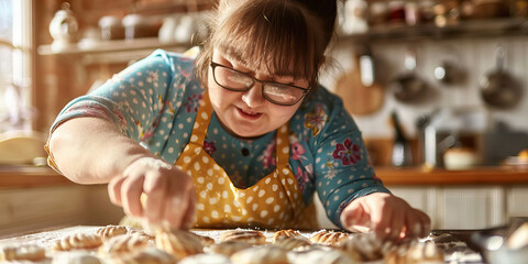 Person with Down syndrome baking. Developmental Disability