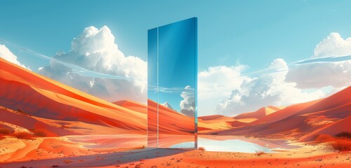 An artistic depiction of a desert with a towering glass portal, blending reality and illusion