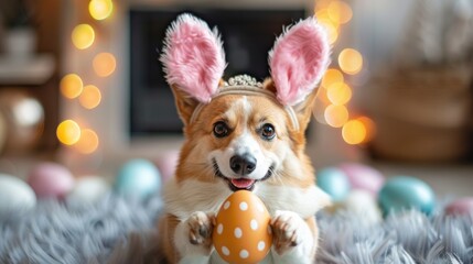 A corgi dog wearing a headband with bunny ears holds an Easter egg on the bed. happy Easter greeting card.