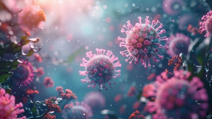 Detailed macro of coronavirus molecules, red-blue microbes bacteria, medical concept illustration, COVID-19 outbreak focus AI Generative