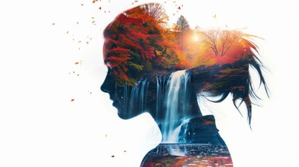 double exposure womans profile, waterfall, isolated white background, AI Generative