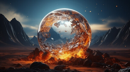 3d render of an exploding Glas bubble in the desert - obrazy, fototapety, plakaty
