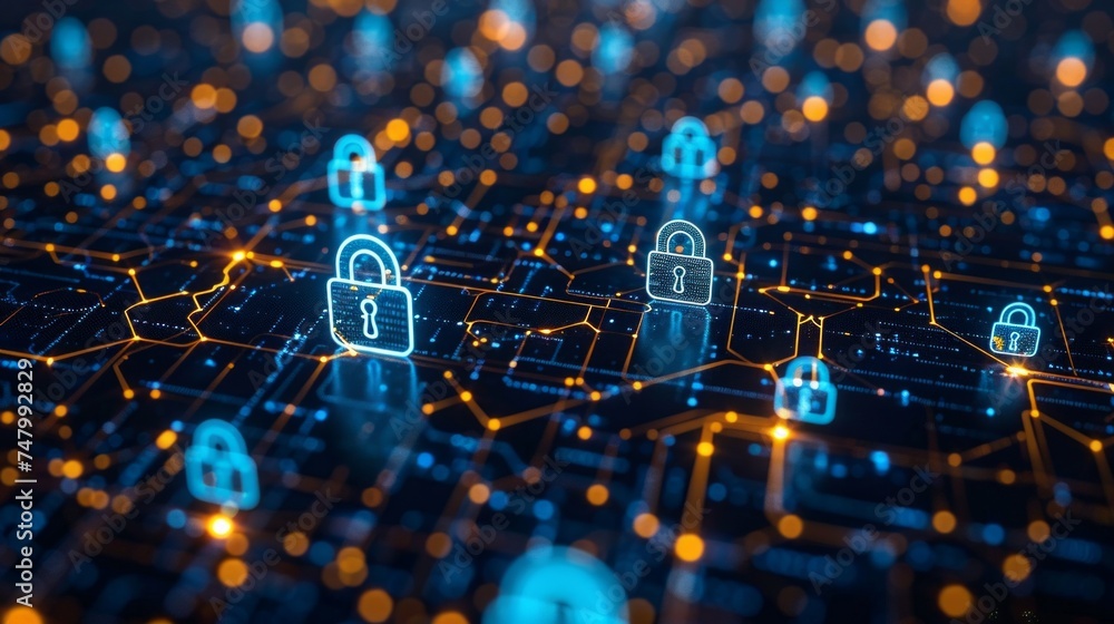 Aufkleber encryption symbols and digital locks secure data, blue cyber shield against dark web backdrop, essen