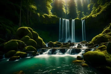 Keuken spatwand met foto Sunlit streams converging into a majestic waterfall amidst a backdrop of dense, mossy green mountain ranges. © WOW