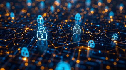 Encryption symbols and digital locks secure data, blue cyber shield against dark web backdrop, essence of protection, evening AI Generative