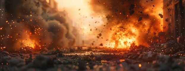 Dramatic Scene of Explosive Destruction in Urban Warzone - obrazy, fototapety, plakaty
