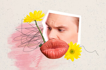 Creative collage image illustration unhappy sadness element human element smile mouth flower fresh...