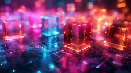Floating neon cubes in a 3D abstract space, luminous and engaging, wide screen, digital artwork, futuristic vibe, visually striking, AI Generative