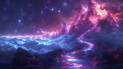 futuristic mountain, towering peaks adorned with neon flora, glowing path winding to the summit, night sky pulsating with stars, atmosphere charged with mystery, AI Generative