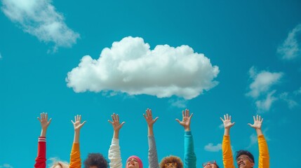 group of multicultural people with arms and hands raised high, reaching towards a symbolic cloud offering copy space, embodying charity, donation, volunteer work, and support, AI Generative