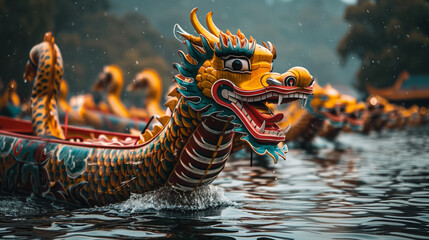 Dragon boats lined up on the water. Duanwu Festival. - obrazy, fototapety, plakaty