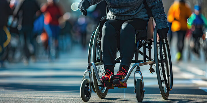 Wheelchair user participating in marathon. Mobility Impairment. Disability