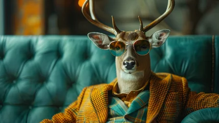 Rolgordijnen Hipster Xmas Deer, boss-like in suit and shades, sitting regally, pastel teal green setting, a blend of festive and trendy, AI Generative © sorapop