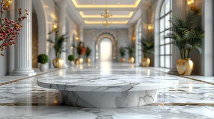 Fototapeta na wymiar Luxurious white marble table, blurred abstract building interior background, ideal for product presentation or montage, AI Generative