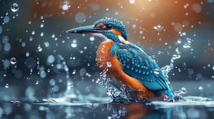 Kingfisher in motion, water cascading from its blue and orange plumage, a snapshot of nature's resilience, the bird's graceful emergence from the water, AI Generative