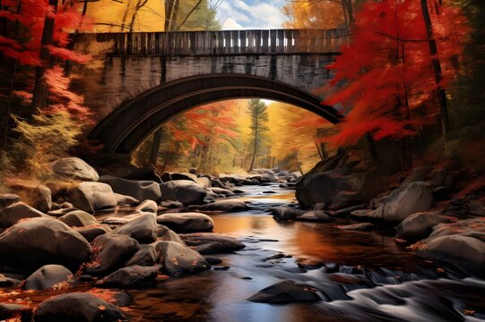 A historic covered bridge spanning a serene river, surrounded by autumn foliage.

