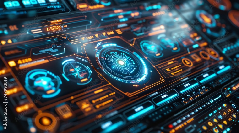 Poster minimalist future ui, clean lines and floating buttons, serene space station orbiting earth, dawn, s