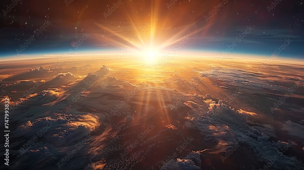 Poster minimalist future ui, clean lines and floating buttons, serene space station orbiting earth, dawn, s