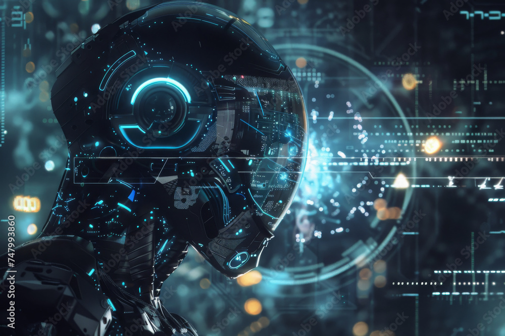 Poster a robot with a helmet on looks at a screen with numbers and letters on it