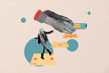Creative composite photo collage of overjoyed woman dancing on playing cards win jackpot in online casino isolated on painted background