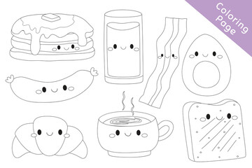 Cute breakfast coloring page for kids foods black and white outline cartoon vector. Printable coloring page template cartoon vector.