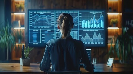 professional evaluating financial graphs on touch display, strategic analysis, business development focus, modern office setting, ambient light AI Generative