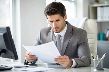 Worried Businessman: Accountant Reviewing Documents, Business Agreements, and Bills in Office
