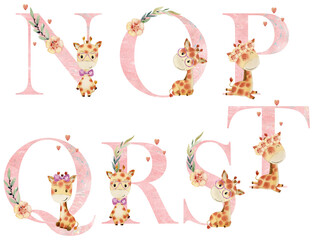 Watercolor letters with giraffes for invitation card, nursery poster and other.