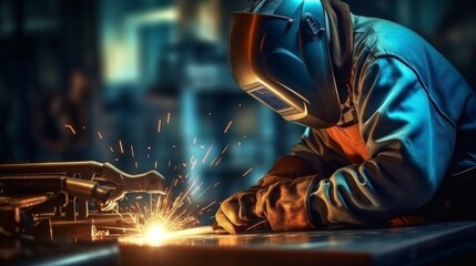 Close up of professional welder working on medium sized pipe with blue light, metalwork in focus
