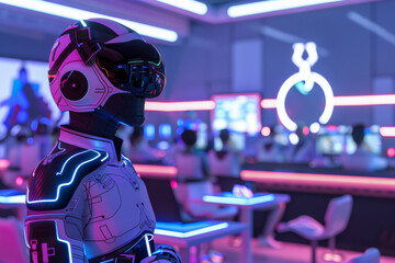 A robot wearing headphones and a helmet is standing in a room
