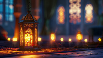 Fototapeta premium ramadan lantern lit up in a room. ramadan scenes. ramadan kareem holiday celebration concept
