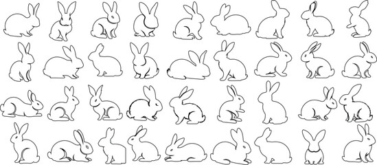 Fototapeta na wymiar Rabbit outline art, ideal for childrens books, educational materials, or Easter decorations. Various poses, sitting, jumping, playing