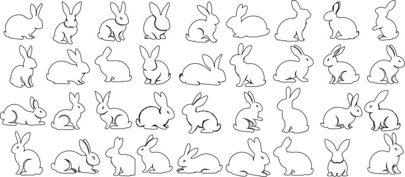 Rabbit outline art, ideal for childrens books, educational materials, or Easter decorations. Various poses, sitting, jumping, playing