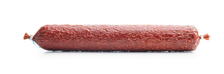 Smoked salami sausages isolated on white background.