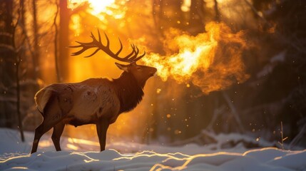 The exhaled air from an elk is lighted by sun, standing in the snow in the morning and , dark orange and light gold, smokey background, AI Generative