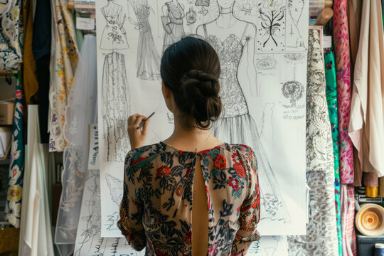 Stilista di spalle che disegna un abito su carta, nel suo studio creativo, circondata da tessuti