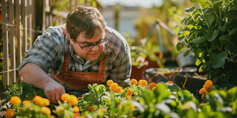 Person with Down syndrome gardening. Developmental Disability