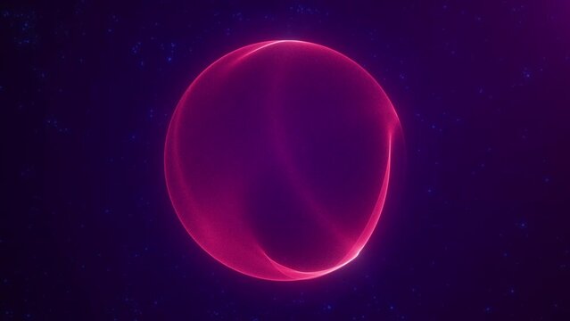 Abstract round red sphere, shimmering with bright magical waves of energy made with particles. Luminous blue nuclei flying by are sucked into the orb's plasmatic field on a dark gradient background.