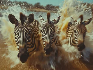 Foto op Plexiglas A small herd of zebras running in the water of the river © cherezoff