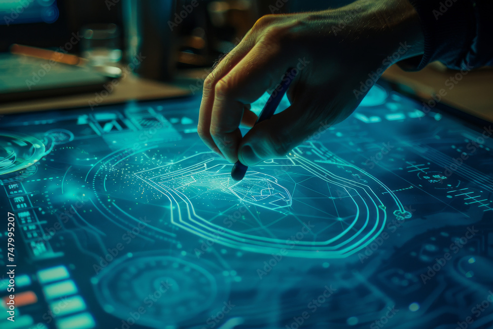 Poster a person is drawing a shield on a computer screen