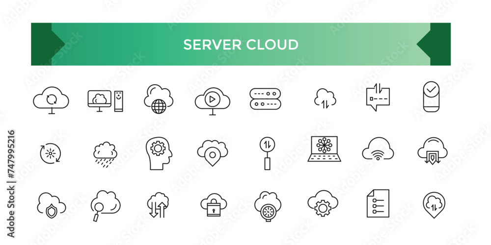 Poster collection of server cloud data related editable stroke icons, includes data storage, cloud storage 