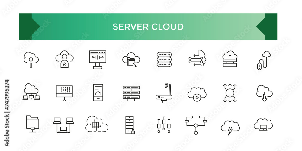 Poster collection of server cloud data related editable stroke icons, includes data storage, cloud storage 