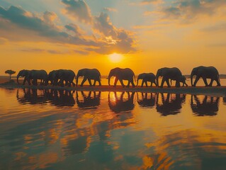 Elephants walk along the shore one after another