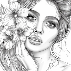 Beautiful young woman face with flowers, line drawing on white background