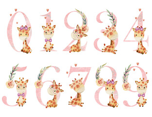 Watercolor numbers with giraffes for invitation card, nursery poster and other.