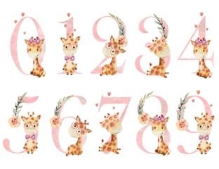 Fotobehang Speelgoed Watercolor numbers with giraffes for invitation card, nursery poster and other.