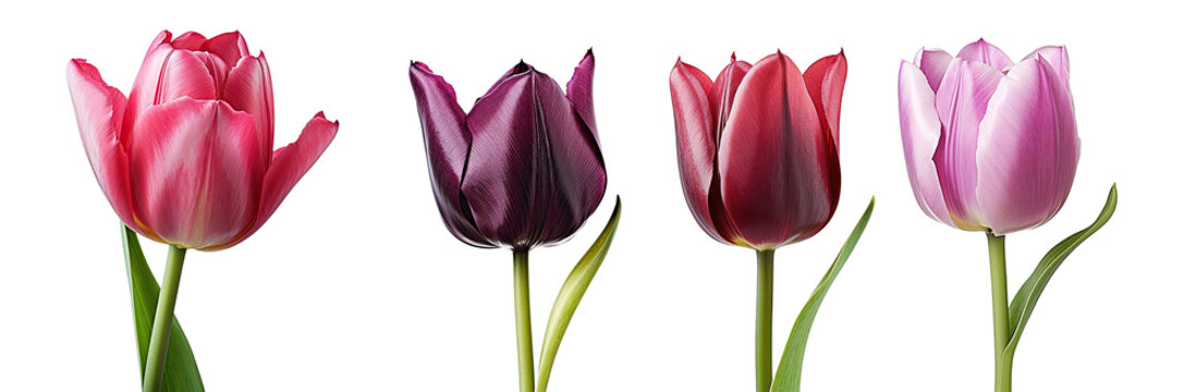 set of four Wonderful Tulips (Lily family, Liliaceae) isolated on transparent background, including clipping path. 