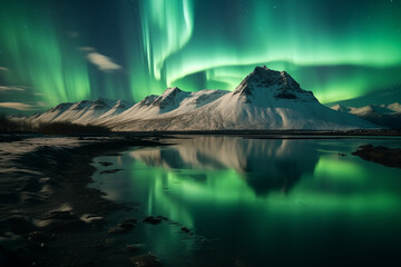 Scenery of green aurora borealis above waters edge. Night landscape with reflection of northern lights on frozen lake. Iceland - obrazy, fototapety, plakaty