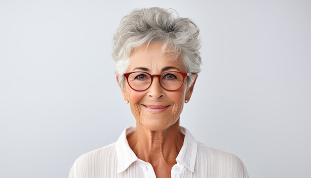 portrait of a happy elderly European woman on a white background. 