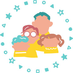 幾何学模様の円で囲まれた肩を寄せ合う二人の子どもと両親　表情なし　イラスト素材
